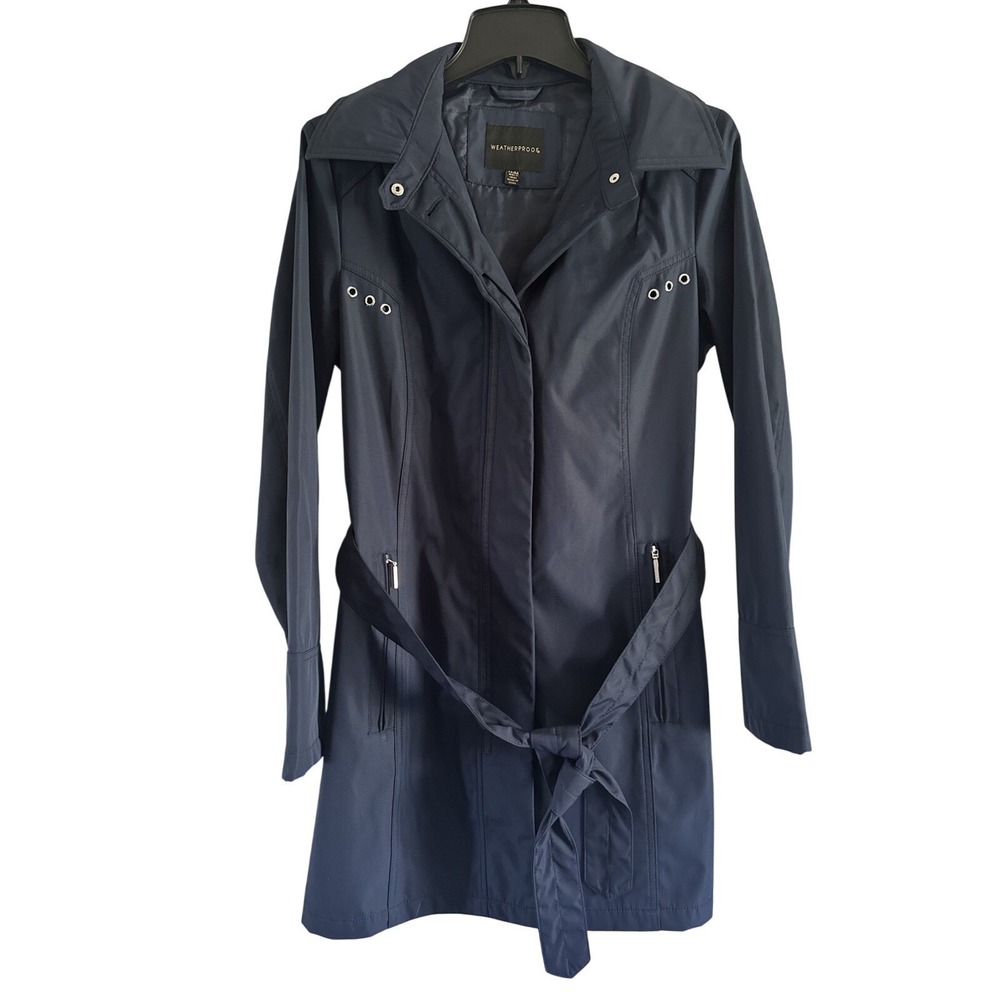 Women's Weatherproof Brand Navy Rain Jacket Trench Coat Hooded Medium - Picture 1 of 4
